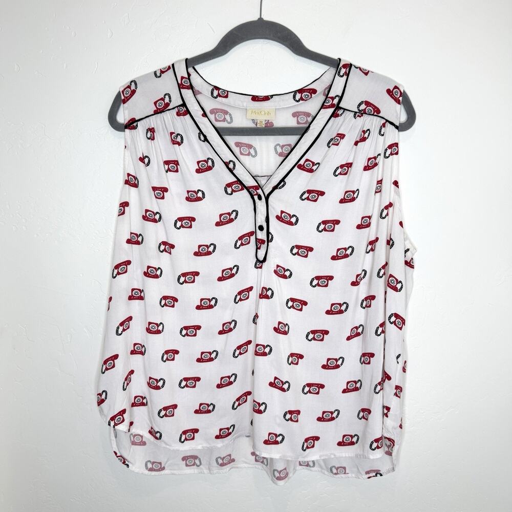 ModCloth Red Telephone Sleeveless Top Womens Plus 3X White Button